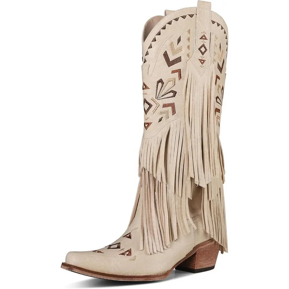 Cowboy Boots for Women Retro Pointed Toe Pull On Block Chunky Heel Embroided - Picture 6 of 7